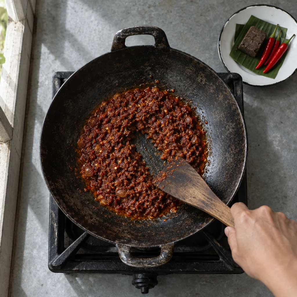 Sambal terasi merah tua ditumis di wajan hitam; spatula kayu meninggalkan jalur bersih di tengahnya.