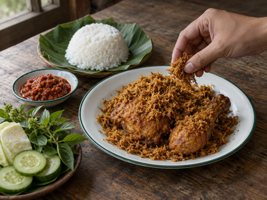 Ayam goreng lengkuas di piring enamel: dua potong paha tertimbun serundeng lengkuas, tangan menjumput serundengnya; di samping ada nasi, sambal terasi, dan lalapan.