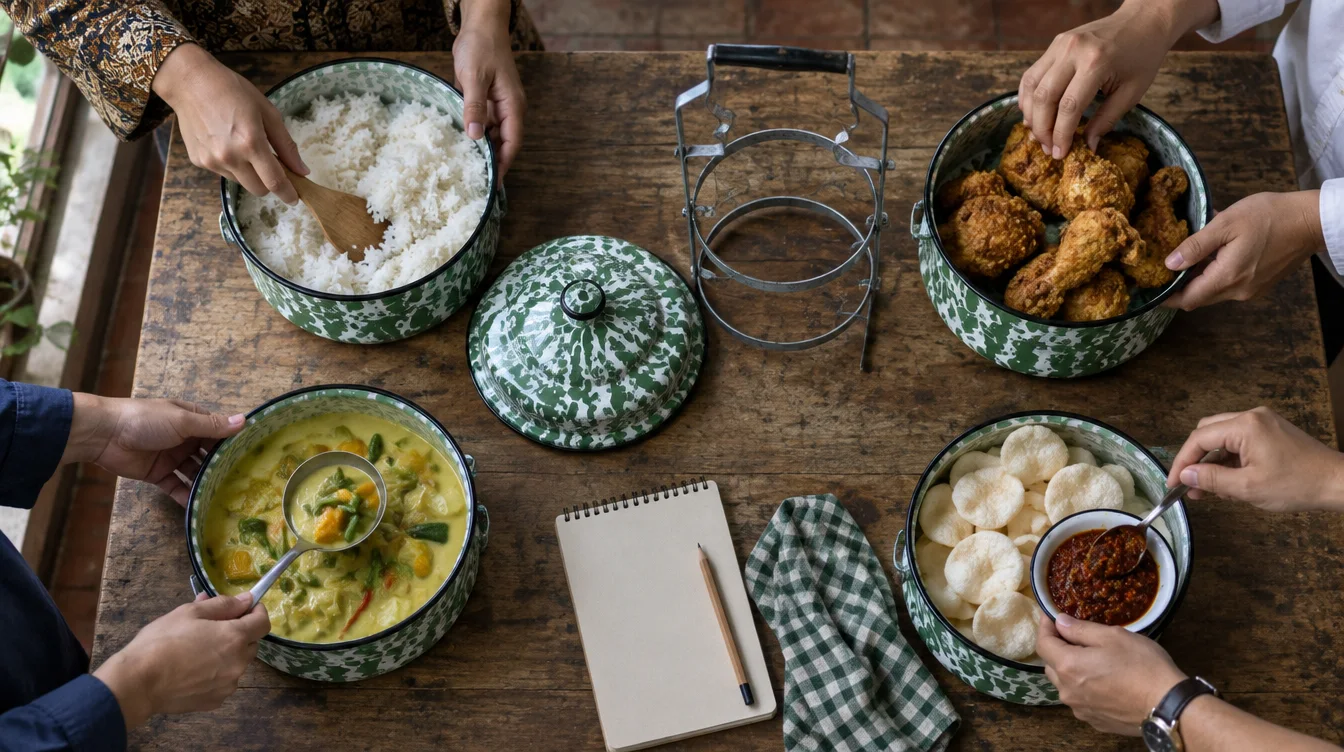Empat pasang tangan dari empat sisi meja kayu, masing-masing mengisi satu susun rantang blirik: nasi, ayam goreng, lodeh, serta sambal dan kerupuk.