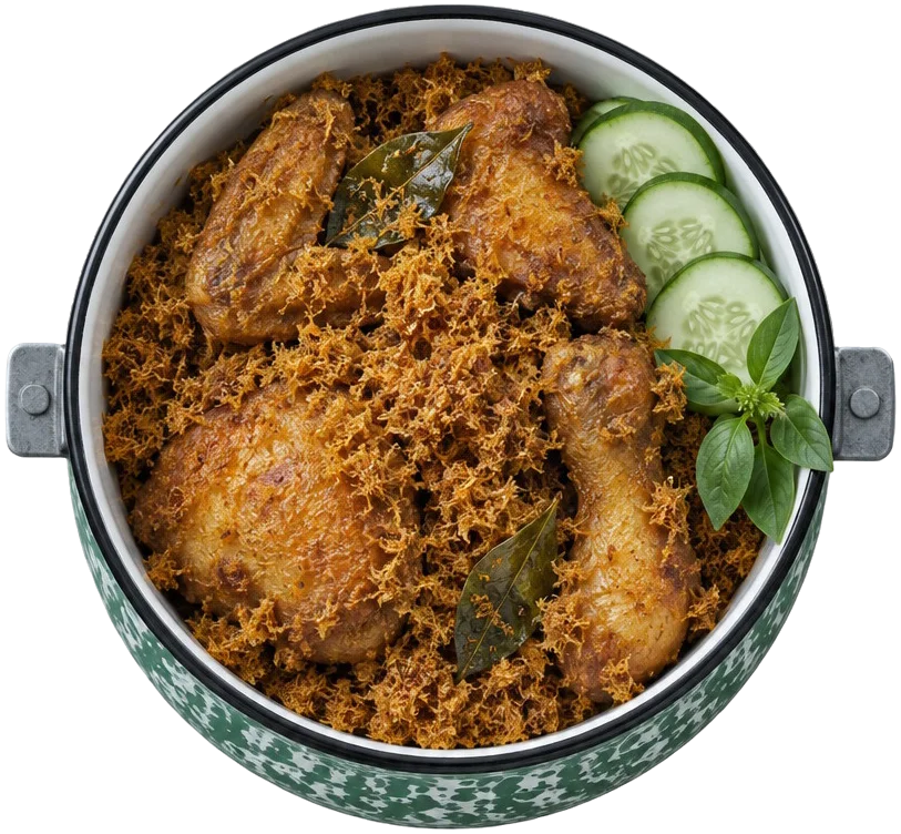 Susun kedua tampak atas: ayam goreng tertimbun serundeng lengkuas, dengan timun dan kemangi.