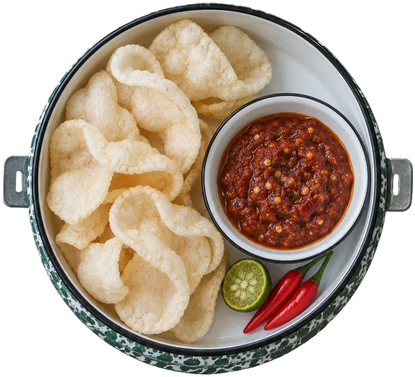 Susun keempat tampak atas: kerupuk udang dan semangkuk kecil sambal terasi.