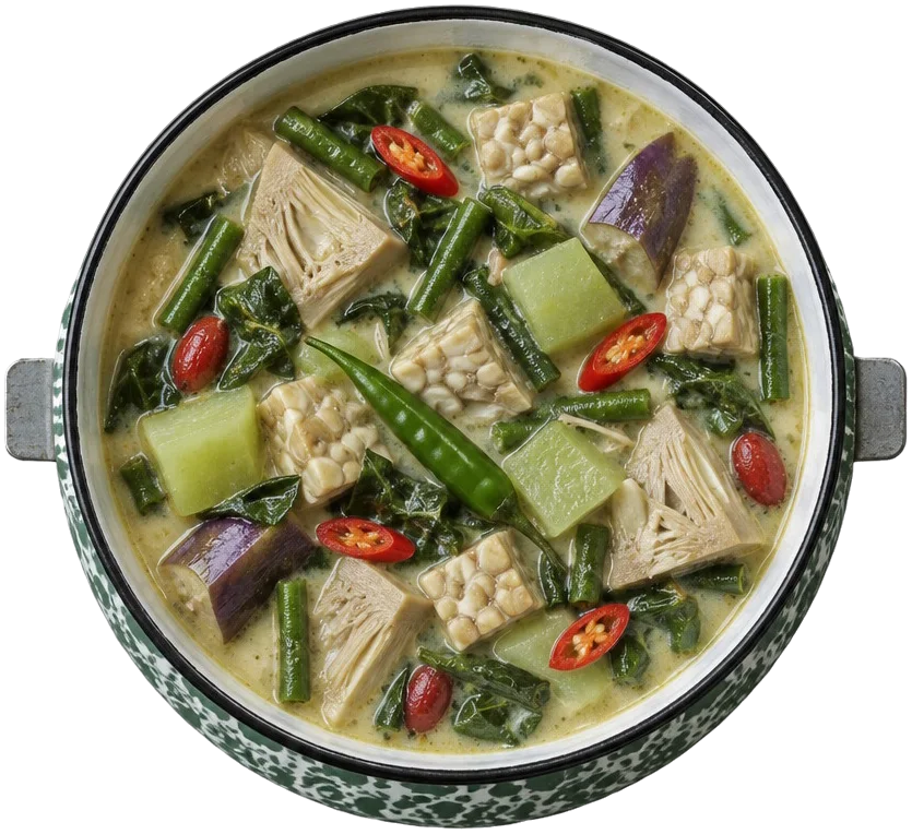 Susun ketiga tampak atas: sayur lodeh berisi nangka muda, kacang panjang, labu siam, terung, dan tempe.