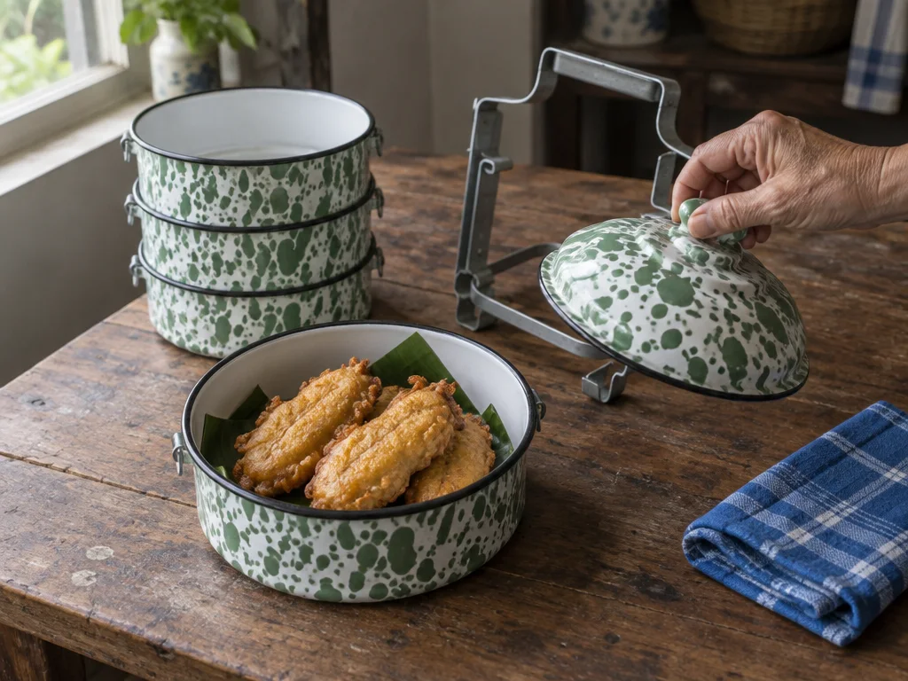 Satu susun rantang terbuka di meja kayu berisi tiga pisang goreng di atas daun pisang, tangan seorang ibu mengangkat tutupnya.