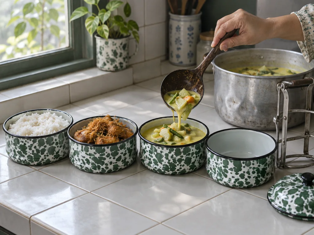 Empat susun rantang blirik berjajar di meja dapur: nasi, ayam goreng, dan lodeh yang sedang disendokkan dengan irus batok; susun keempat masih kosong.